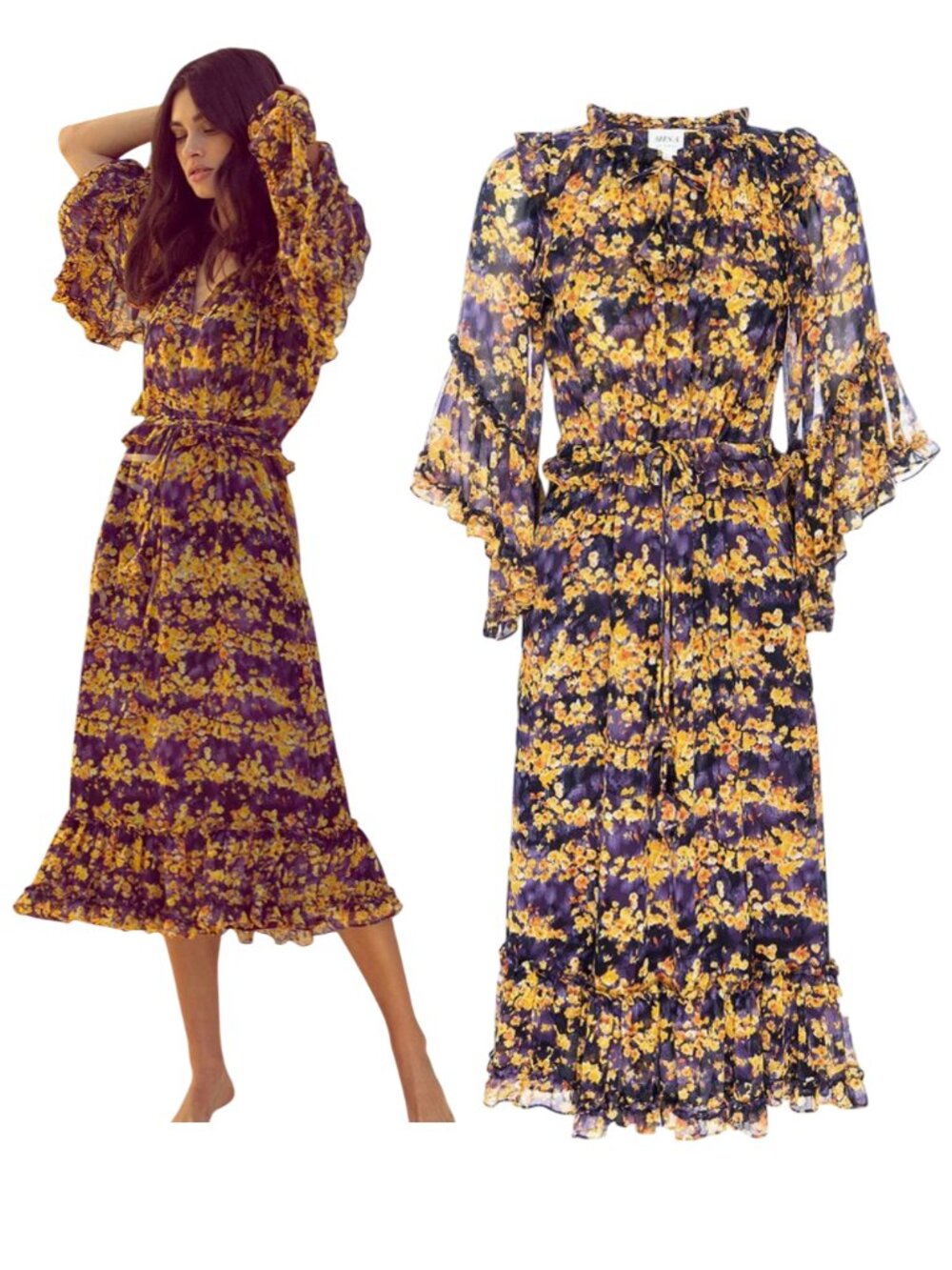 MISA LOS ANGELES Yanira Floral print midi dress sz S purple yellow chiffon